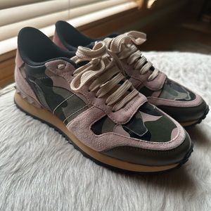 VALENTINO Rockstud Pink Green Black Camo Sneakers Sz 37.5